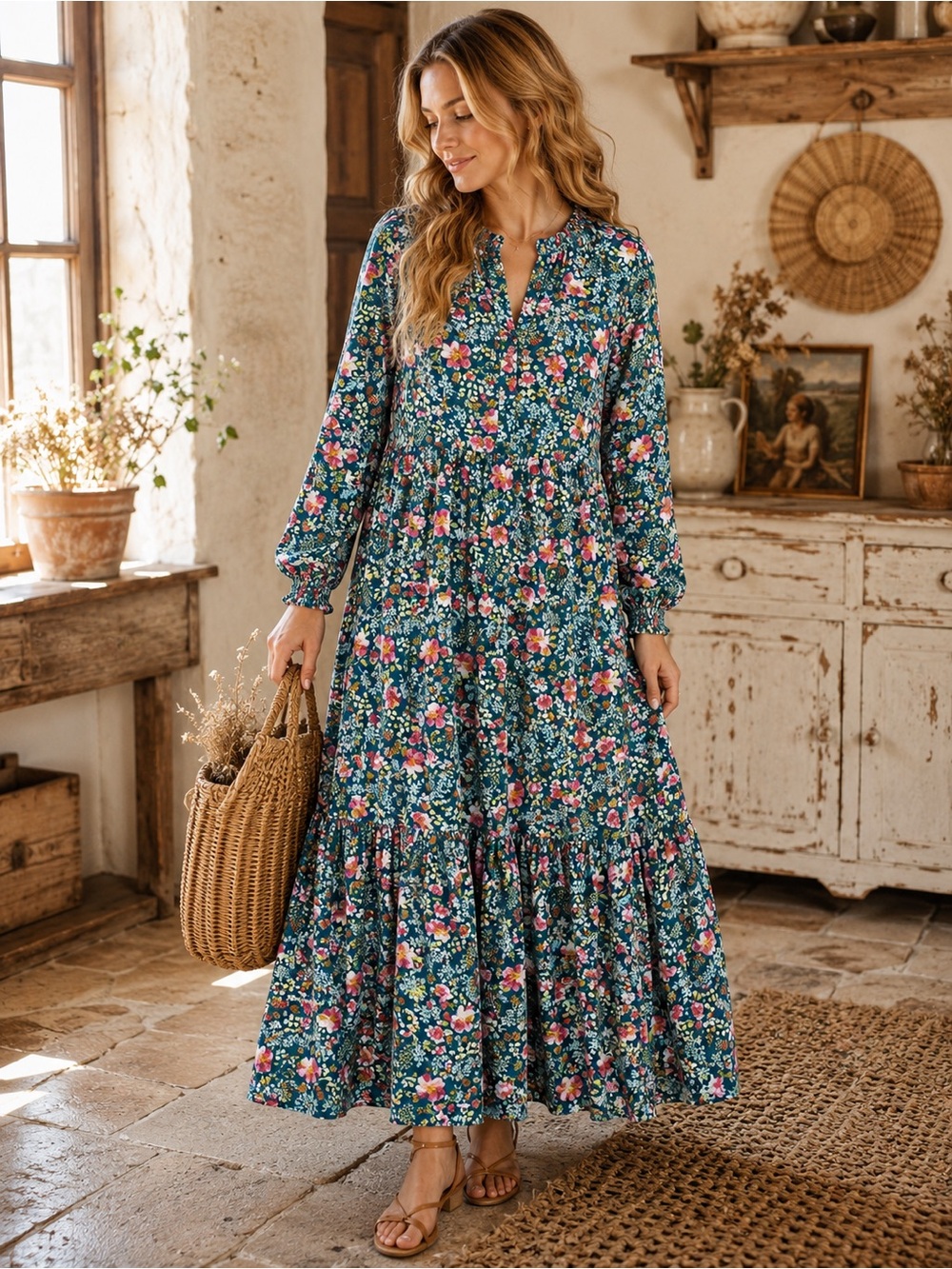 🌻 Natural Life Dara Floral Boho Maxi Dress size M